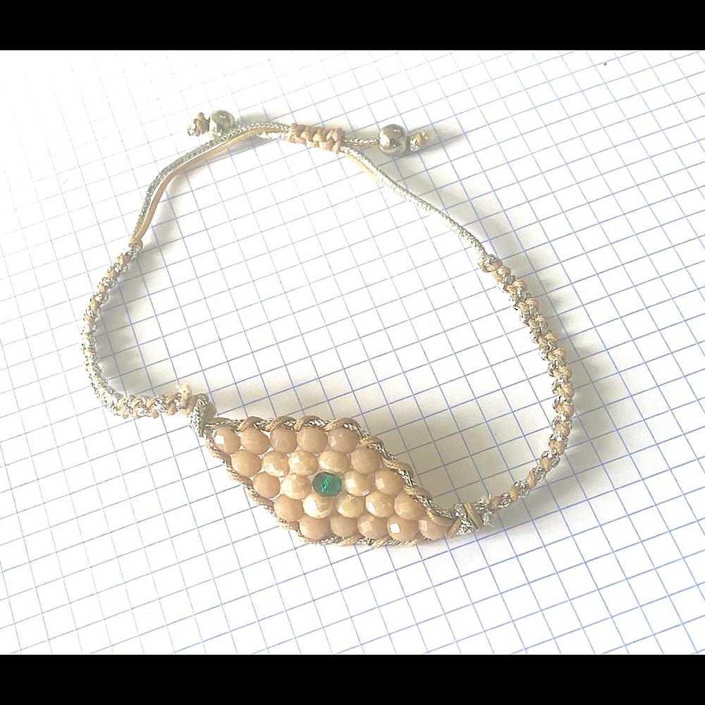 Nice macrame bracelet with silver threads and beads ( cream color )